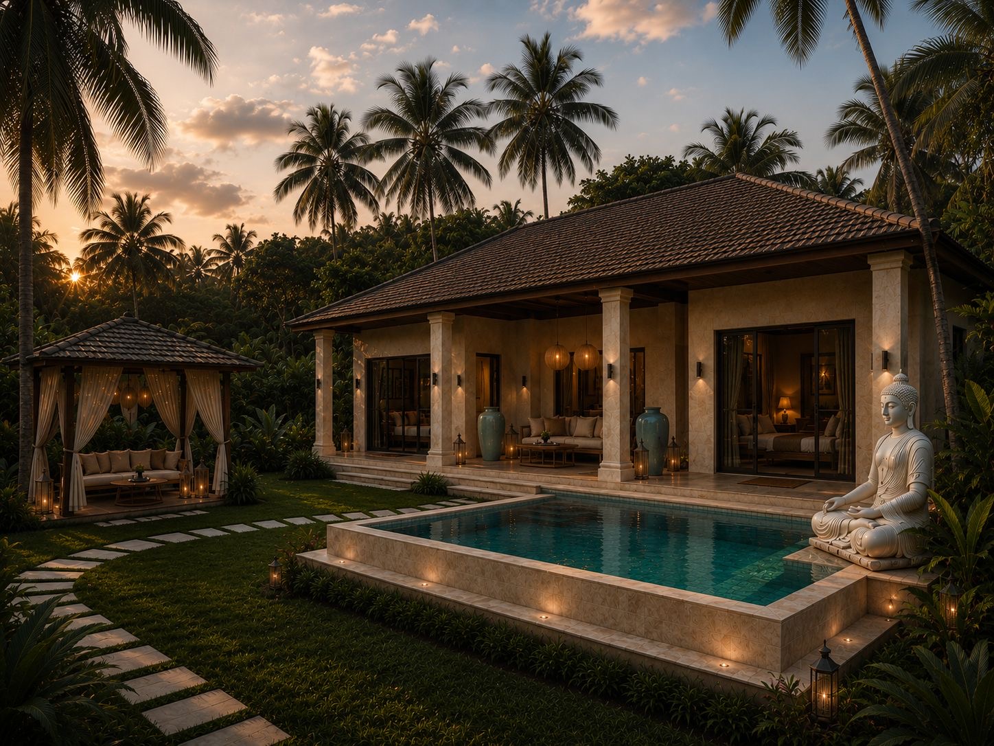 Aldeia villa extérieure au coucher de soleil