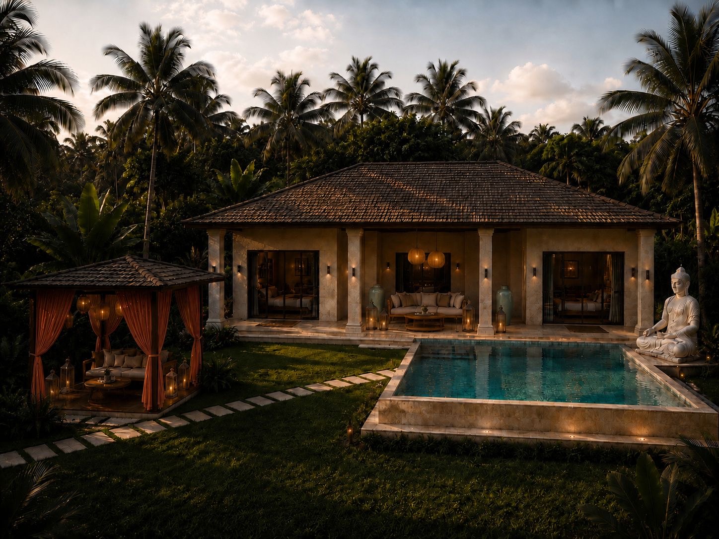 Vue extérieure villa et piscine au crépuscule