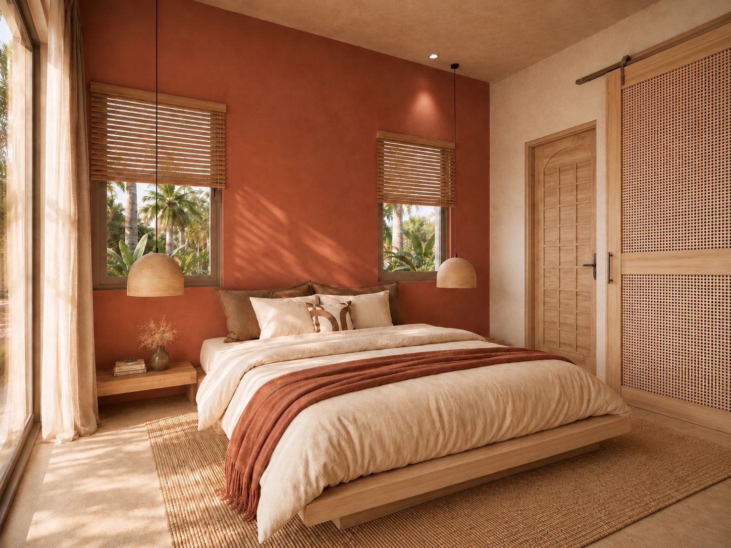 Chambre terracotta avec vue jardin