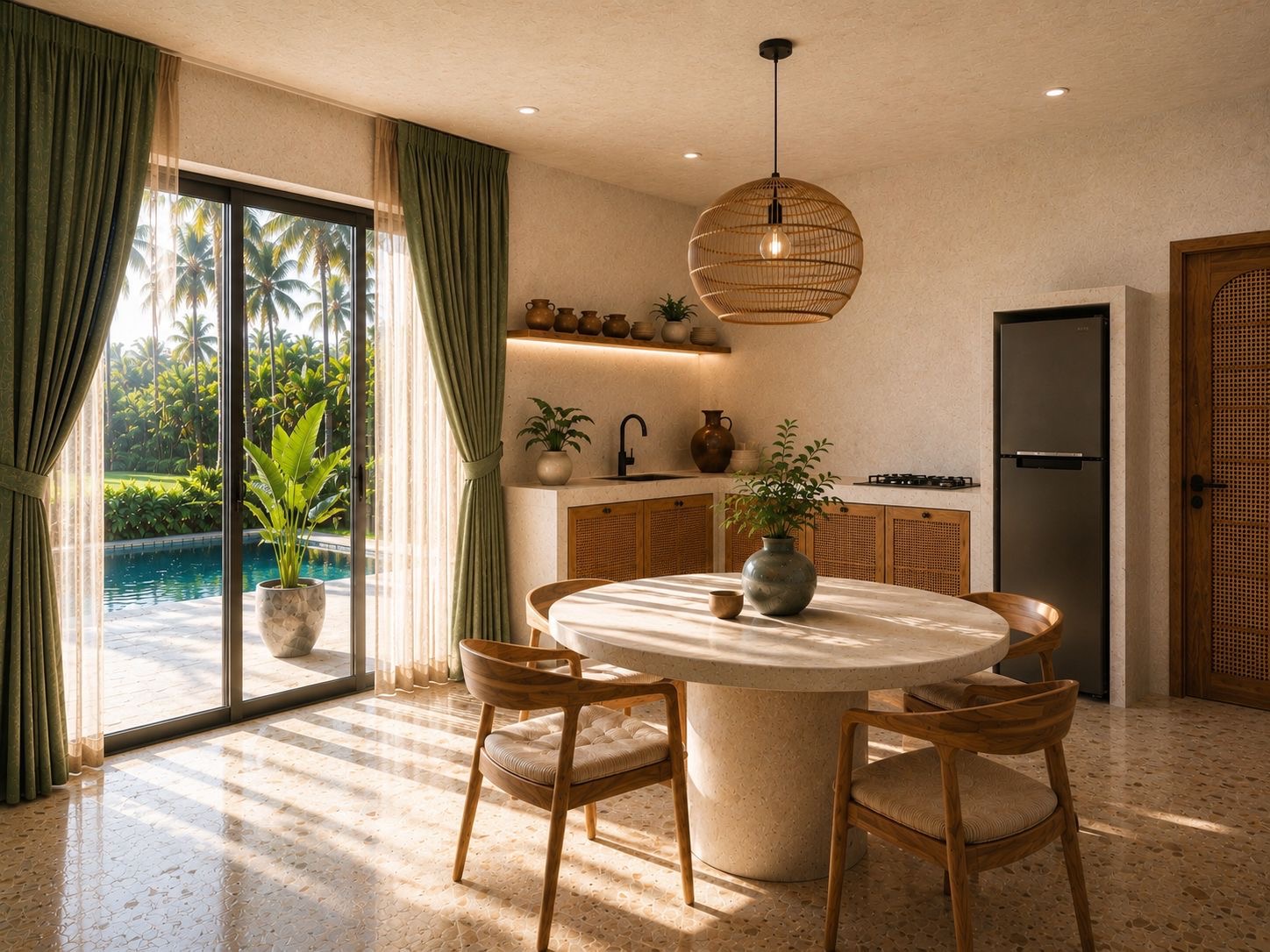 Salle à manger avec vue piscine