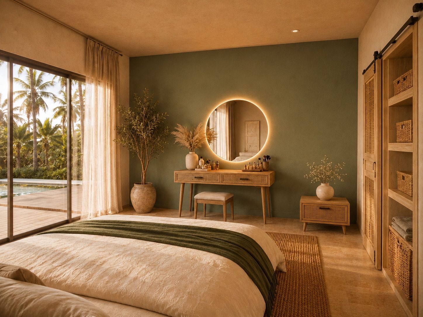 Chambre vert sauge avec coiffeuse